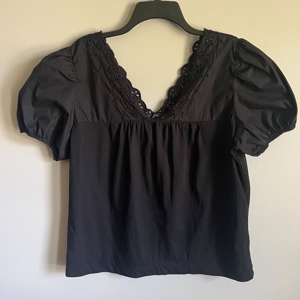J. Crew Eyelet Lace Puff Sleeve Blouse Women's L Black Classic Romantic L8133
